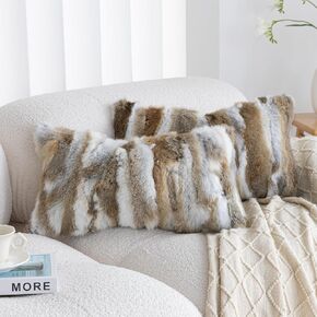 Genuine Rabbit Fur Throw Pillow Covers 12x20 Set of 2 -Luxury Soft Fluffy Animal Skin Decorative Cushion Pillow Covers for Sofa, Couch, Living Room (Grey White, 18x18in(Set of 2))
