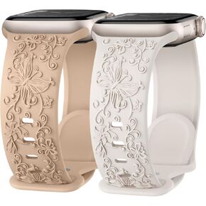 Missair Floral Engraved Band Compatible with Apple Watch Band 40mm 41mm 38mm 42mm 44mm 45mm 49mm Women, Soft Silicone Cute Flower Embossed Strap for iWatch Series 9 8 6 5 4 3 2 1 SE Ultra, 2 Pack