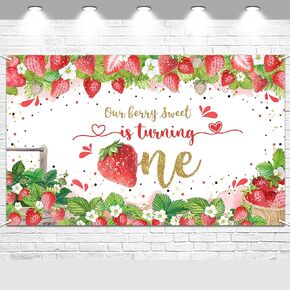 Avezano Strawberry First Birthday Banner Berry Sweet Girl 1st Birthday Backdrop Our Berry Sweet is Turning One Decorations for Birthday Party Cake Table Supplies