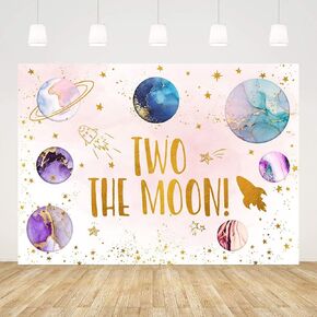7x5ft Two The Moon Backdrop Outer Space 2nd Birthday Decorations for Girls Rocket Planet Purple Galaxy Photography Background Baby Girl 2nd Birthday Party Supplies, CQ338