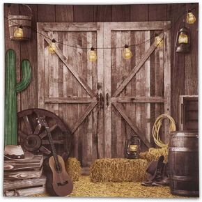 Funnytree 6 x 6 FT Western Cowboy Backdrop Western Party Supplies Decorations Wild West Decor Rustic Wooden House Barn Photography Background for Kids Boy Children Boy Baby Birthday Banner Photo Booth