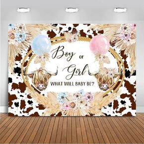Mocsicka Highland Cow Gender Reveal Backdrop Boho Highland Cow Boy Or Girl Party Decorations Holy Cow Gender Reveal Cake Table Banner Party Supplies (7x5ft(82x60 inch))