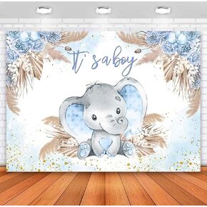 Sensfun Boho Elephant Baby Shower Backdrop for Boy Blue Pampas Grass It's a Boy Elephant Little Peanut Baby Shower Decorations Photography Background Cake Table Photoshoot Props 5x3ft