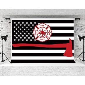 F-FUN SOUL Fire Department Backdrop for Photography, Soft Fabric, American Flags Firefighter Backgrounds, Theme Party Decor Supplies Banner Photo Shooting Props (5x3ft)