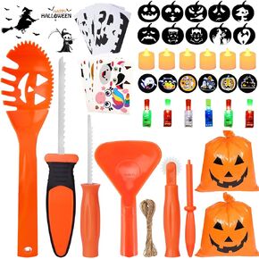 Pumpkin Carving Kit for Kids, 6 Halloween Pumpkin Carving Tools Set + 6 LED Candles + 6 LED Rings + 6 Pumpkin Stickers + 10 Carving Stencils + 2 Lawn Bags , DIY Jack-O-Lanterns Halloween Decorations