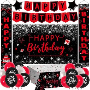 Red and Black Birthday Decorations for Men Women, Happy Birthday Decorations Red Birthday Backdrop Banner Decoration with Happy Birthday Door Banner Latex Balloons Tablecloth Boys Girls Party Supplies