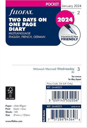 Filofax Calendar Diary Refill, Pocket Size, Two Days on One Page, White Paper, Unruled, Trilingual, 2024 (C68223-24) in Saudi Arabia
