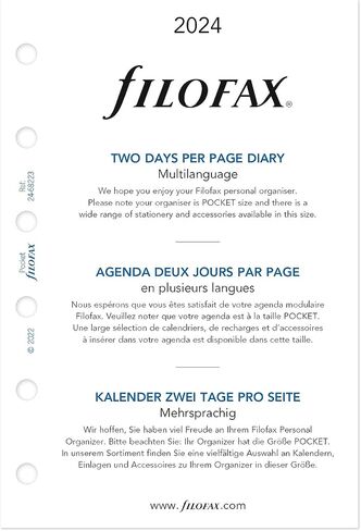 Filofax Calendar Diary Refill, Pocket Size, Two Days on One Page, White Paper, Unruled, Trilingual, 2024 (C68223-24) in Saudi Arabia