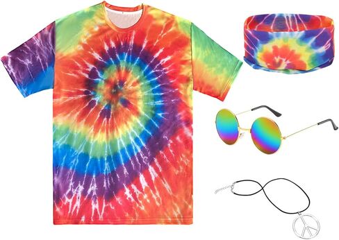 مجموعة أزياء هيبي مكونة من 4 قطع، تي شيرت ملون، قلادة بعلامة السلام، عصابة رأس، نظارات شمسية للحفلات التنكرية للهالوين in Kuwait