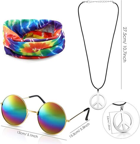 مجموعة أزياء هيبي مكونة من 4 قطع، تي شيرت ملون، قلادة بعلامة السلام، عصابة رأس، نظارات شمسية للحفلات التنكرية للهالوين in Kuwait