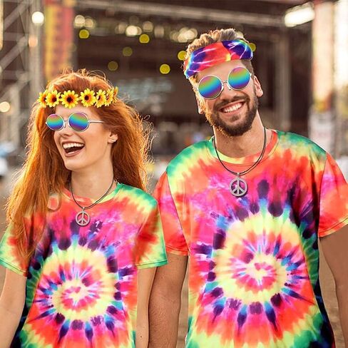 مجموعة أزياء هيبي مكونة من 4 قطع، تي شيرت ملون، قلادة بعلامة السلام، عصابة رأس، نظارات شمسية للحفلات التنكرية للهالوين in Kuwait