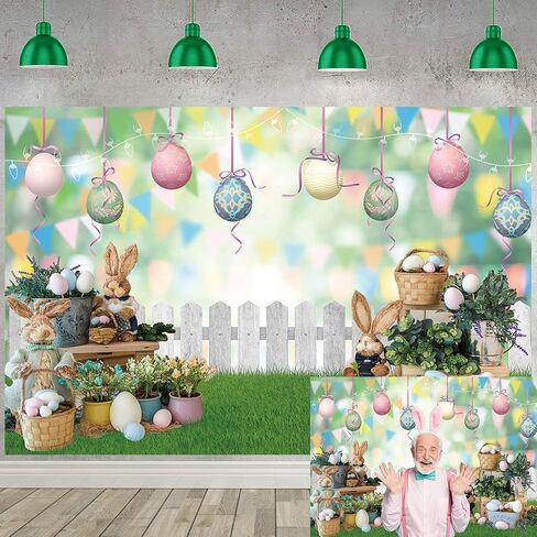 Easter Photography Backdrop Bunny Colorful Eggs Flag Spring Flower Fence Grass Garden Background Kids Newborn Baby Birthday Party Decoration Portrait Photo Booth Props 7x5FT in Saudi Arabia