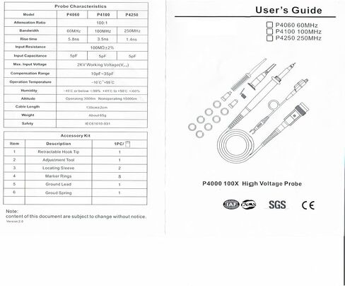 P4100 High Voltage Probe 100MHz Bandwidth 100:1 Attenuation Ratio 2KV Working Voltage DC+ACpk in Kuwait