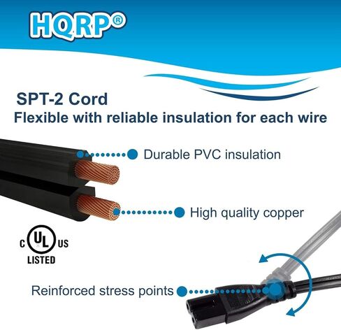 HQRP 5ft 90 درجة الزاوية اليمنى 2-الشق غير المستقطب IEC C7 (الشكل-8) كابل التيار المتردد لسلك الطاقة + محول التوصيل الأوروبي HQRP، مدرج في قائمة UL in Saudi Arabia