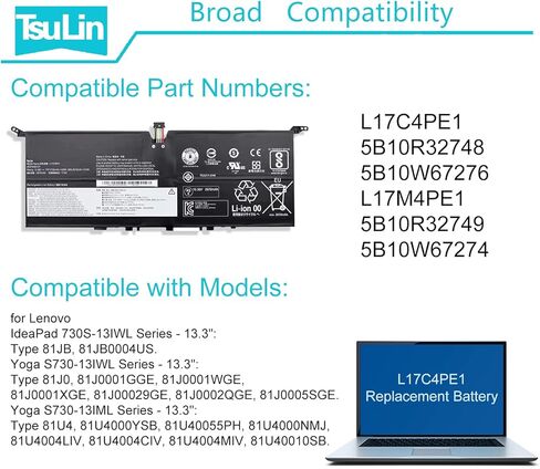 بطارية كمبيوتر محمول L17C4PE1 L17M4PE1 متوافقة مع Lenovo Ideapad 730S-13IWL 81JB Yoga S730-13IWL 81J0 S730-13IML 81U4 Series 5B10R32749 5B10R32748 5B10W67274 5B10W67276 15.36V 42Wh 2735 مللي أمبير in Kuwait