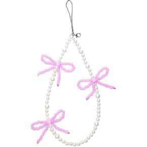 Phone Charm Cute Pearl Beaded Pink Bowknot Chain Aesthetic Universal Cell Phone Lanyard Wrist Strap Accessories for Bag Airpods Camera Pendants Decor-Pink in Kuwait