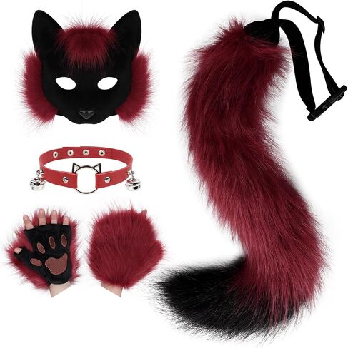 HAOAN Faux Fur Half Face Mask Paw Gloves Wolf Fox Tail and Leather Necklace Set Costume for Halloween Cosplay Party in Kuwait