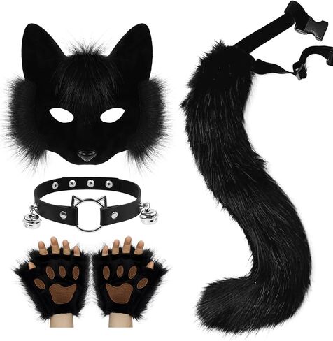 HAOAN Faux Fur Half Face Mask Paw Gloves Wolf Fox Tail and Leather Necklace Set Costume for Halloween Cosplay Party in Kuwait