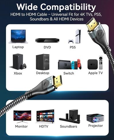 High Speed HDMI Cable, 18 Gbps, 4K 60HZ UHD 2160p, 24K Gold Plated Connectors, Nylon Braided Compatible for Laptop, Monitor, PS5, PS4, Xbox One, Fire TV & More (15ft) in Kuwait