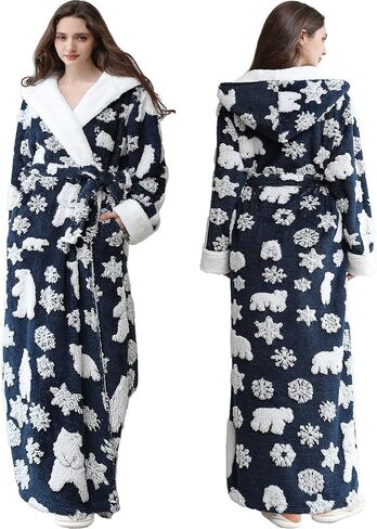 Oksun Womens Long Warm Hooded Robe: Full Length Thick Fleece Fluffy Bathrobe - Jacquard Soft Cozy Christmas Winter Housecoat in Kuwait