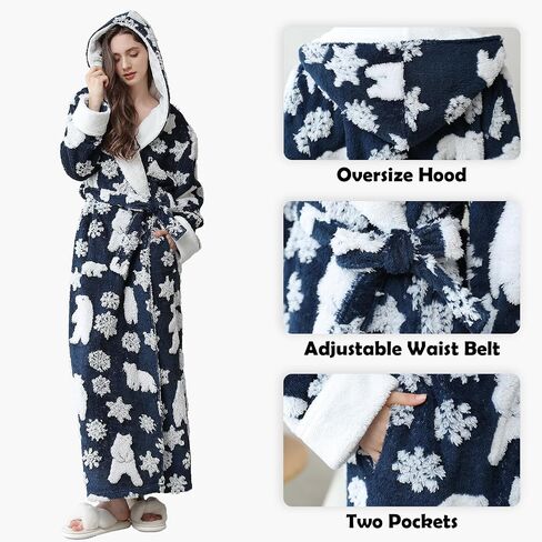 Oksun Womens Long Warm Hooded Robe: Full Length Thick Fleece Fluffy Bathrobe - Jacquard Soft Cozy Christmas Winter Housecoat in Kuwait