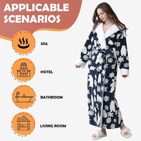 Oksun Womens Long Warm Hooded Robe: Full Length Thick Fleece Fluffy Bathrobe - Jacquard Soft Cozy Christmas Winter Housecoat in Kuwait