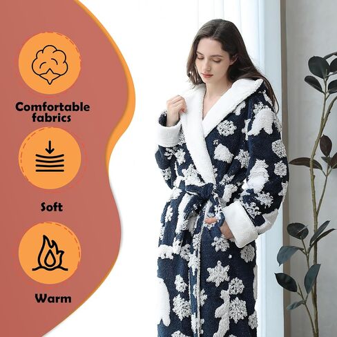 Oksun Womens Long Warm Hooded Robe: Full Length Thick Fleece Fluffy Bathrobe - Jacquard Soft Cozy Christmas Winter Housecoat in Kuwait