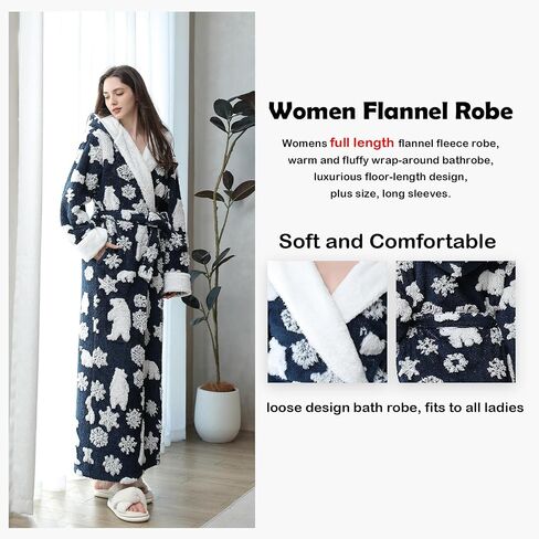 Oksun Womens Long Warm Hooded Robe: Full Length Thick Fleece Fluffy Bathrobe - Jacquard Soft Cozy Christmas Winter Housecoat in Kuwait