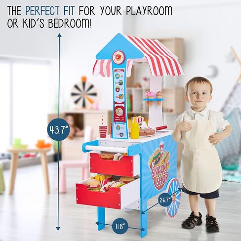 Lil’ Jumbl Wooden Snack Shop Playset | Kids Play Pretend Hot Dog Stand Push Cart w/ 125+ Burger, Fries, Pizza & Ice Cream Toy Accessories, Food Displays, Awning, Freezer, Storage Drawers & Menus in Kuwait