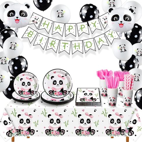 Buryeah Panda Birthday Party Supplies Panda Disposable Tableware Set Include Happy Birthday Banner Panda Plates Napkins Balloons Tablecloth Cover Forks Knives Cups and Straws for Birthday Party (Boy) in Kuwait