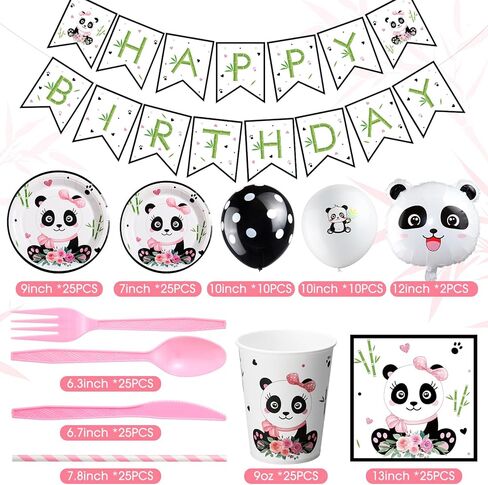 Buryeah Panda Birthday Party Supplies Panda Disposable Tableware Set Include Happy Birthday Banner Panda Plates Napkins Balloons Tablecloth Cover Forks Knives Cups and Straws for Birthday Party (Boy) in Kuwait