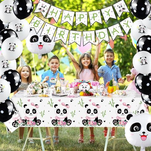 Buryeah Panda Birthday Party Supplies Panda Disposable Tableware Set Include Happy Birthday Banner Panda Plates Napkins Balloons Tablecloth Cover Forks Knives Cups and Straws for Birthday Party (Boy) in Kuwait