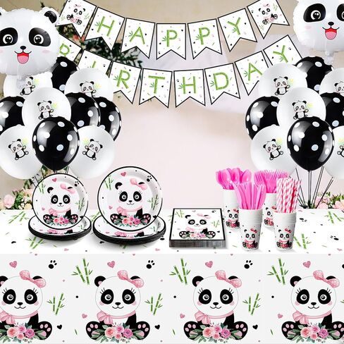 Buryeah Panda Birthday Party Supplies Panda Disposable Tableware Set Include Happy Birthday Banner Panda Plates Napkins Balloons Tablecloth Cover Forks Knives Cups and Straws for Birthday Party (Boy) in Kuwait