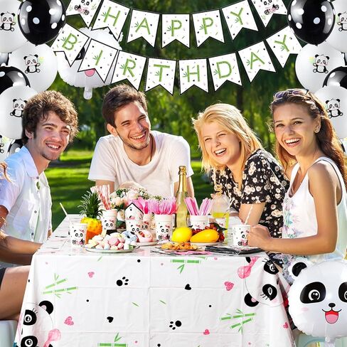 Buryeah Panda Birthday Party Supplies Panda Disposable Tableware Set Include Happy Birthday Banner Panda Plates Napkins Balloons Tablecloth Cover Forks Knives Cups and Straws for Birthday Party (Boy) in Kuwait