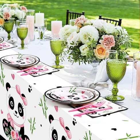 Buryeah Panda Birthday Party Supplies Panda Disposable Tableware Set Include Happy Birthday Banner Panda Plates Napkins Balloons Tablecloth Cover Forks Knives Cups and Straws for Birthday Party (Boy) in Kuwait