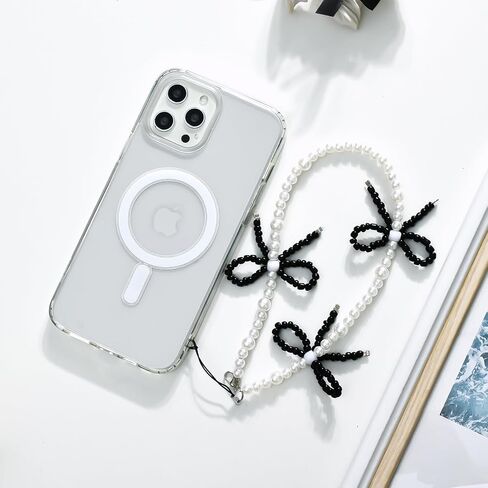 Phone Charm Cute Pearl Beaded Pink Bowknot Chain Aesthetic Universal Cell Phone Lanyard Wrist Strap Accessories for Bag Airpods Camera Pendants Decor-Pink in Saudi Arabia