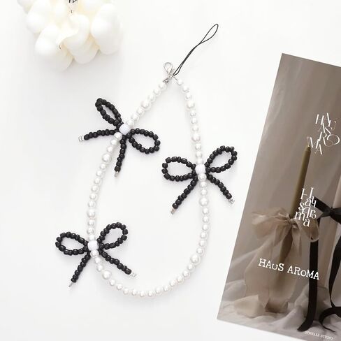 Phone Charm Cute Pearl Beaded Pink Bowknot Chain Aesthetic Universal Cell Phone Lanyard Wrist Strap Accessories for Bag Airpods Camera Pendants Decor-Pink in Saudi Arabia