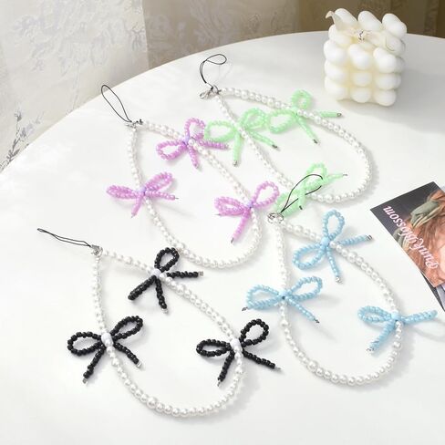 Phone Charm Cute Pearl Beaded Pink Bowknot Chain Aesthetic Universal Cell Phone Lanyard Wrist Strap Accessories for Bag Airpods Camera Pendants Decor-Pink in Kuwait