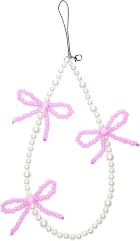 Phone Charm Cute Pearl Beaded Pink Bowknot Chain Aesthetic Universal Cell Phone Lanyard Wrist Strap Accessories for Bag Airpods Camera Pendants Decor-Pink in Kuwait
