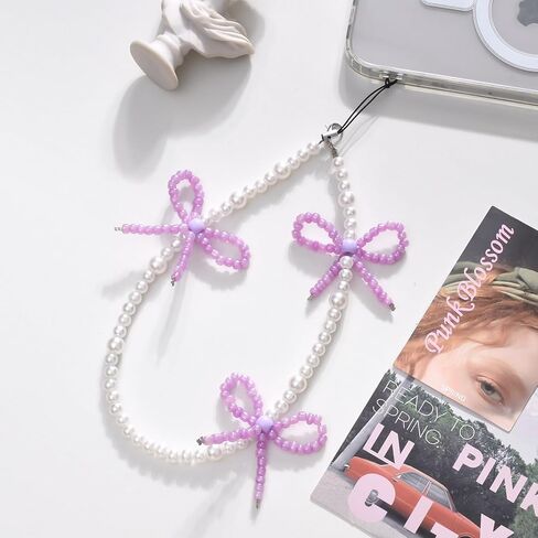 Phone Charm Cute Pearl Beaded Pink Bowknot Chain Aesthetic Universal Cell Phone Lanyard Wrist Strap Accessories for Bag Airpods Camera Pendants Decor-Pink in Kuwait
