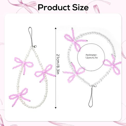Phone Charm Cute Pearl Beaded Pink Bowknot Chain Aesthetic Universal Cell Phone Lanyard Wrist Strap Accessories for Bag Airpods Camera Pendants Decor-Pink in Kuwait