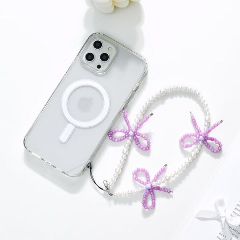 Phone Charm Cute Pearl Beaded Pink Bowknot Chain Aesthetic Universal Cell Phone Lanyard Wrist Strap Accessories for Bag Airpods Camera Pendants Decor-Pink in Kuwait