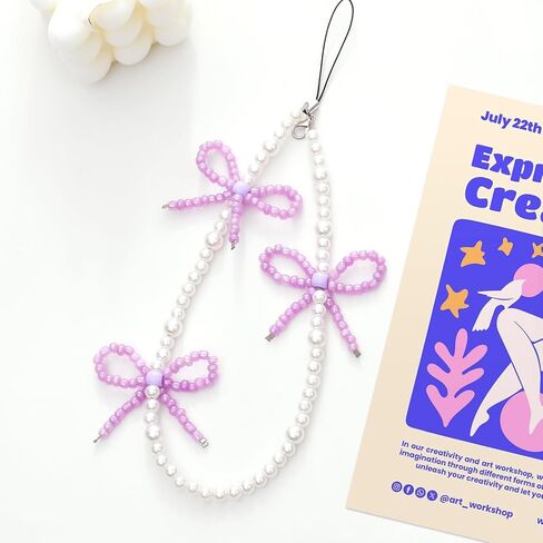 Phone Charm Cute Pearl Beaded Pink Bowknot Chain Aesthetic Universal Cell Phone Lanyard Wrist Strap Accessories for Bag Airpods Camera Pendants Decor-Pink in Kuwait