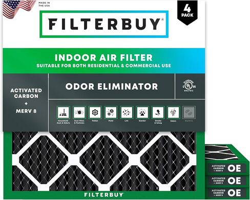 Filterbuy 12x24x1 فلتر هواء MERV 8 مزيل الرائحة (4 عبوات)، استبدال مرشحات هواء فرن HVAC AC المطوية بالكربون المنشط (الحجم الفعلي: 11.50 × 23.50 × 0.75 بوصة) in Kuwait