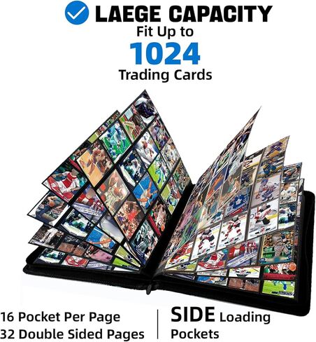 1000+ Pockets Trading Card Binder, 16 Pocket Ringless Card Binder Album Folder - Premium Side Loading Zip Binder for Yu-Gi-Oh, TCG, Sports, Game Trading Cards -Black in Kuwait