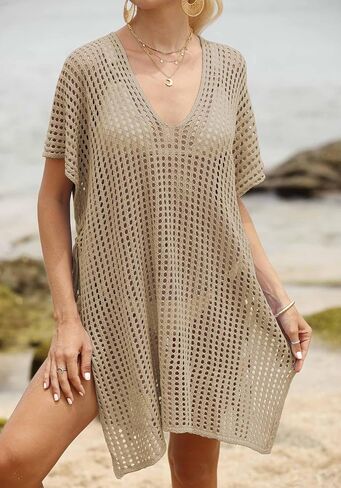 Women's Loose Swimsuit Crochet Sexy V Neck Swim Coverups Bathing Suit Bikini Cover up Vacation Summer Beach Dresses in Saudi Arabia