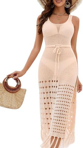 EHSUAYB Women Sexy Long Crochet Cover Up Dress, Boho Tassel Side Slit Bathing Suit, Sheer Hollow Out Coverup Swimsuit Beach in Saudi Arabia