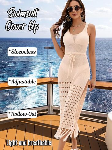 EHSUAYB Women Sexy Long Crochet Cover Up Dress, Boho Tassel Side Slit Bathing Suit, Sheer Hollow Out Coverup Swimsuit Beach in Saudi Arabia