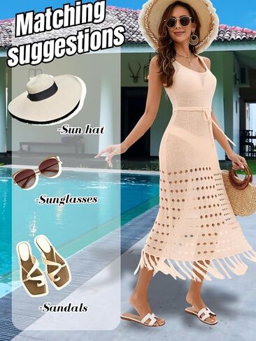EHSUAYB Women Sexy Long Crochet Cover Up Dress, Boho Tassel Side Slit Bathing Suit, Sheer Hollow Out Coverup Swimsuit Beach in Saudi Arabia