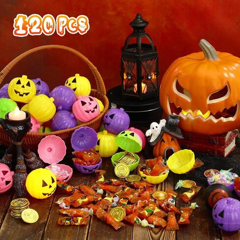 Lallisa 120 Pcs Halloween Pumpkin Containers Plastic Storage Box Case Bulk, Mini Pumpkin Egg Candy Gift Bucket for Halloween Trick Treat Decoration Party Supplies(Orange) in Saudi Arabia